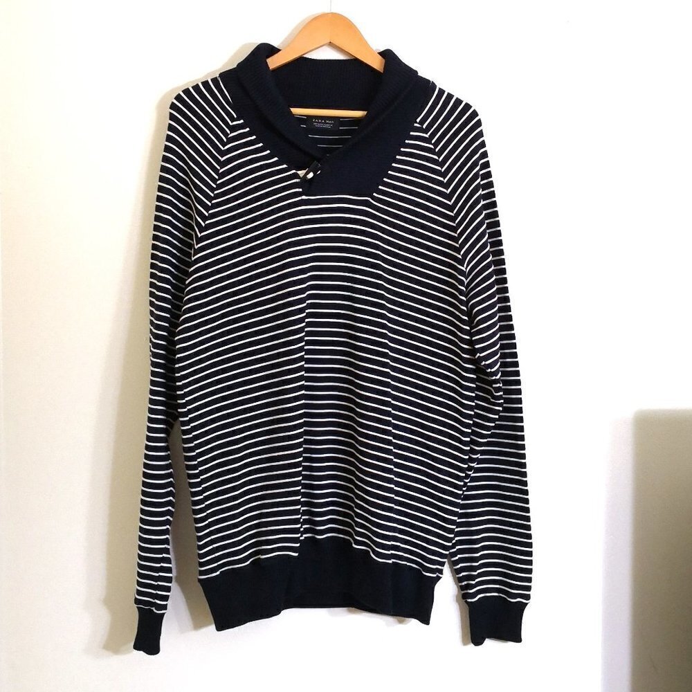 New Zara Men's Casual Shawl Collar Pullover Sweatshirt Navy Blue Stripe Size XL